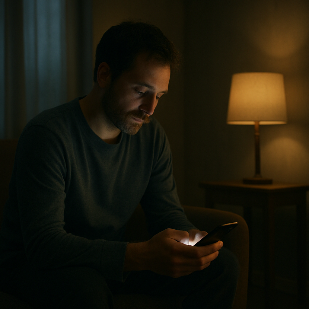 A man sitting alone in a dimly lit room, looking at a soft glowing light from a phone, a sense of quiet and healing in the atmosphere.
